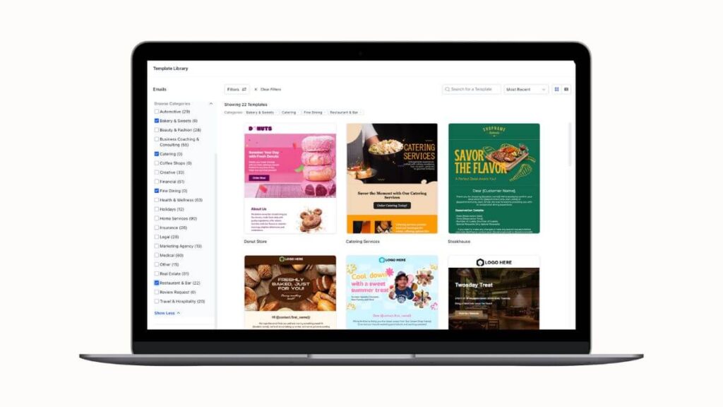 Examples of professional restaurant email templates used to automate customer follow-up on the Table Hype platform