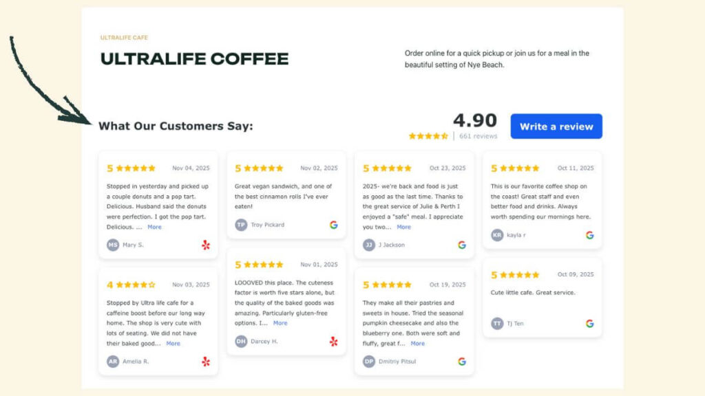 reviews added to a restaurant website with a review widget